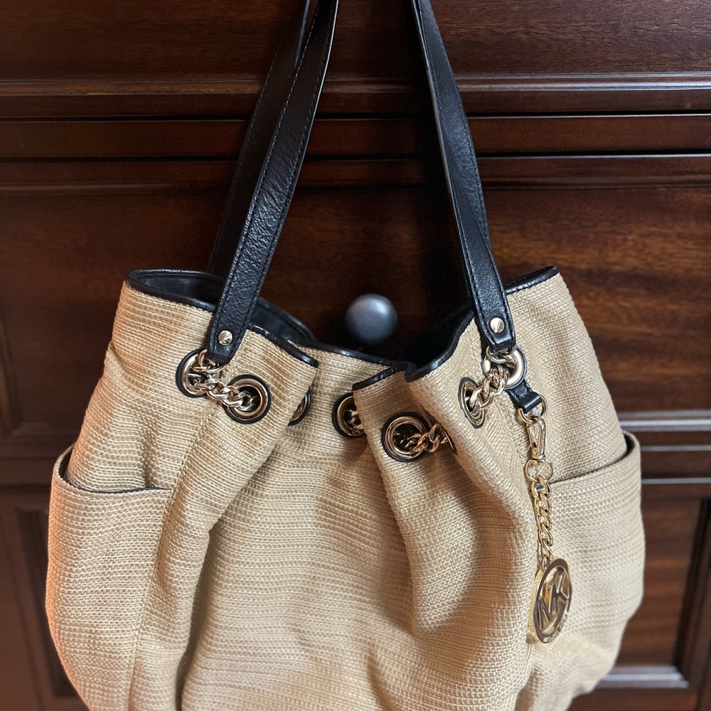 Cream MICHAEL KORS Tote Bag with Black Leather Straps and Textured Fabric
